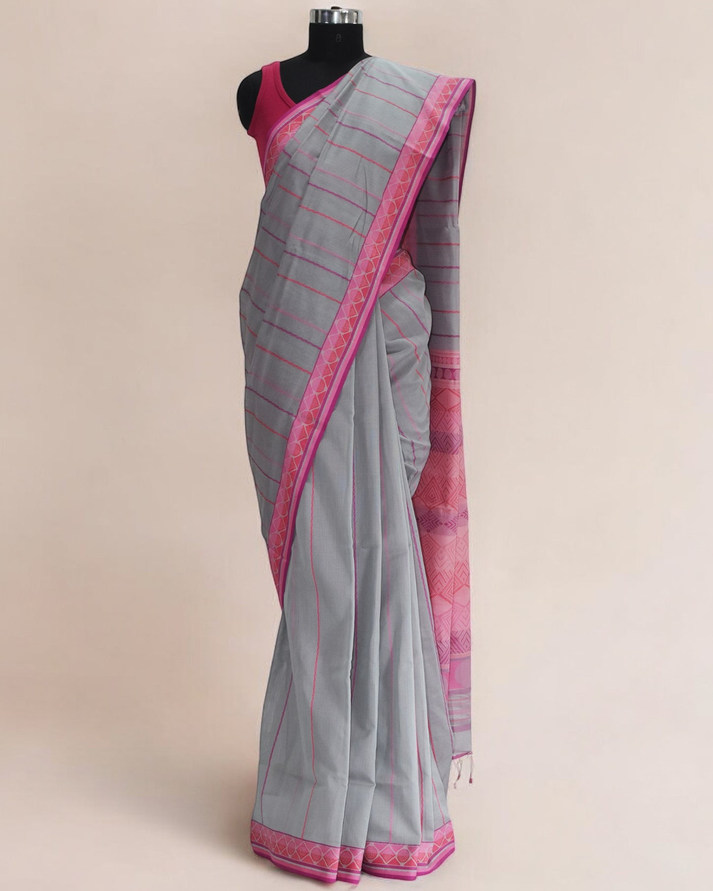 Light Grey - Geometric Elegance Organic Cotton Saree