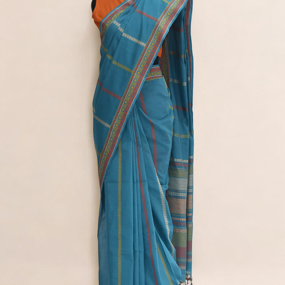 Blue - Floral & Geometric Organic Cotton Saree