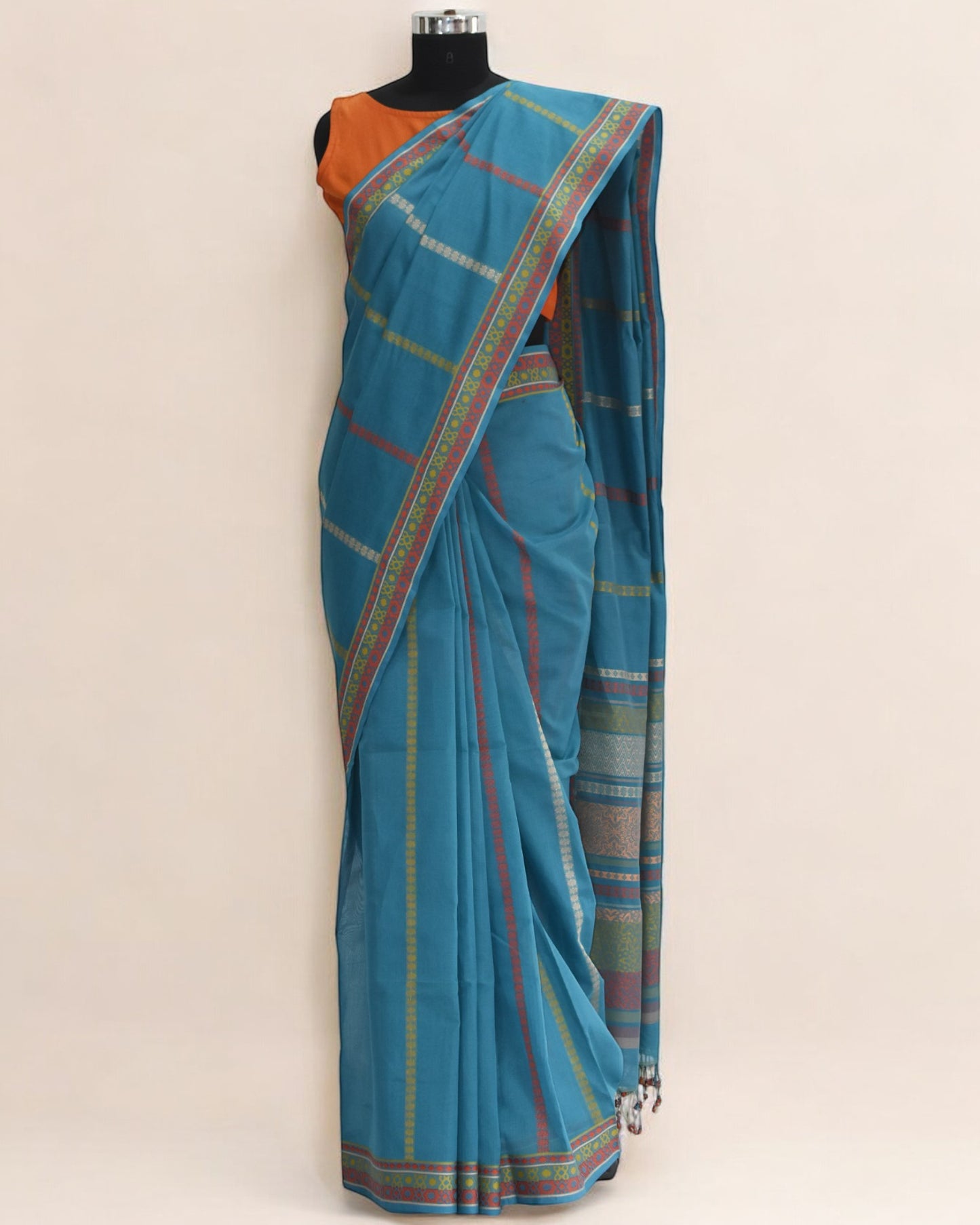 Blue - Floral & Geometric Organic Cotton Saree