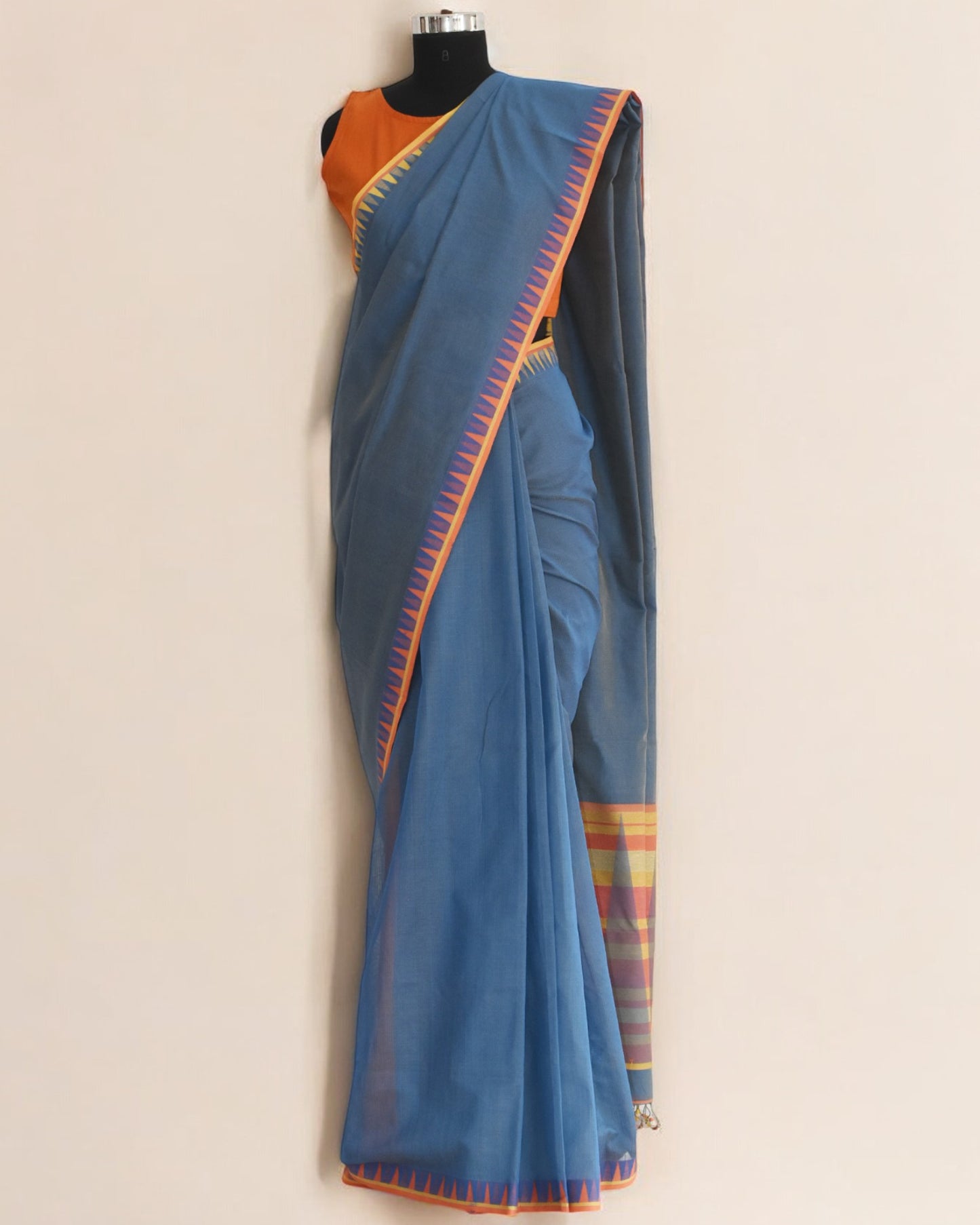 Blueish Grey - Temple Motif Organic Cotton Saree