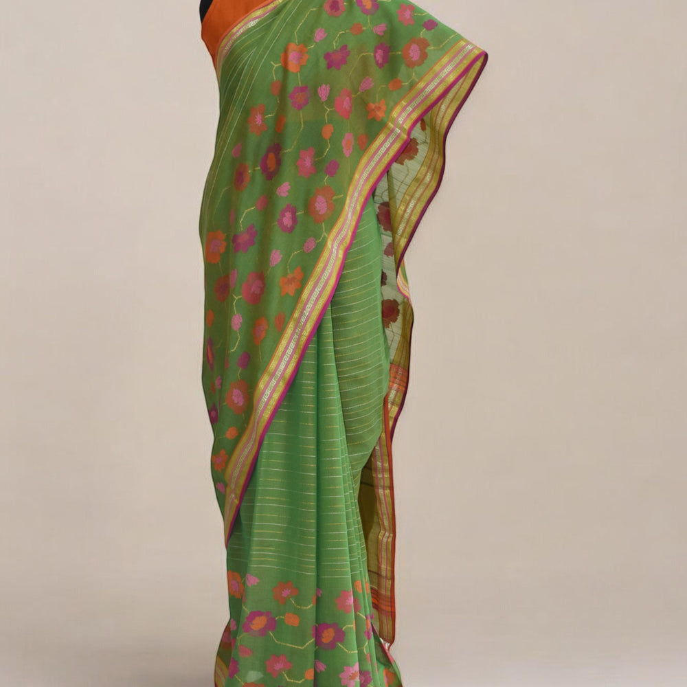 Green - Floral Embrace Organic Cotton Saree