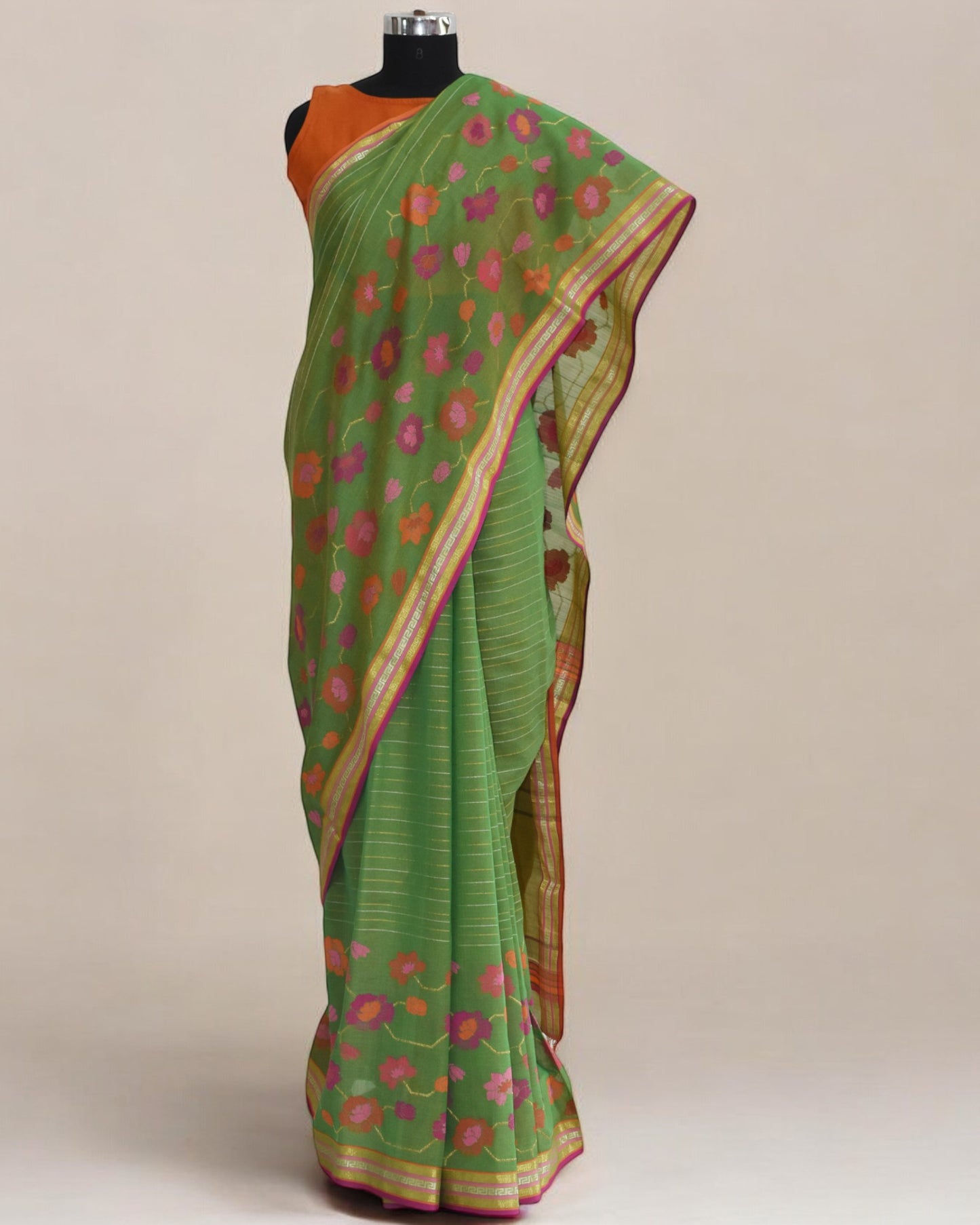 Green - Floral Embrace Organic Cotton Saree