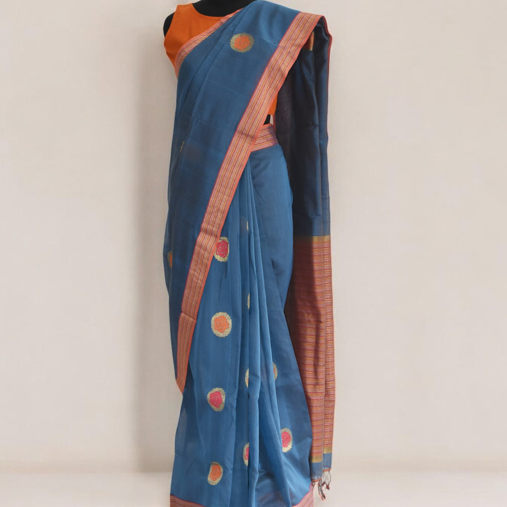 
                      
                        Blue - Rose Butta Organic Cotton Saree
                      
                    