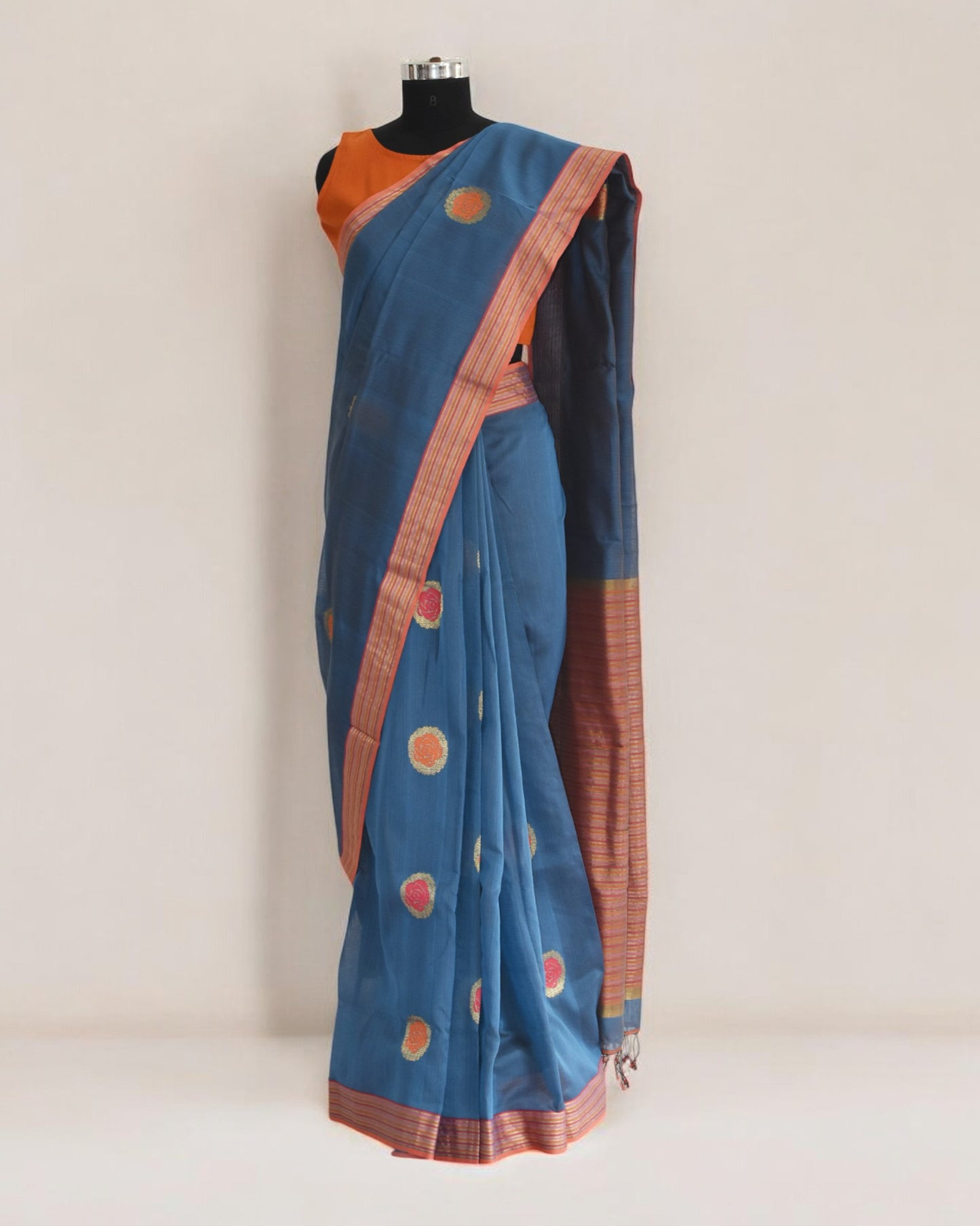 Blue - Rose Butta Organic Cotton Saree