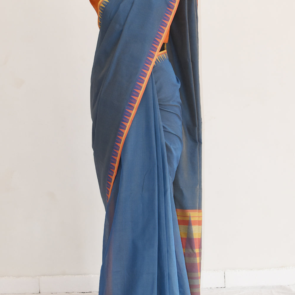 Blueish Grey - Temple Motif Organic Cotton Saree