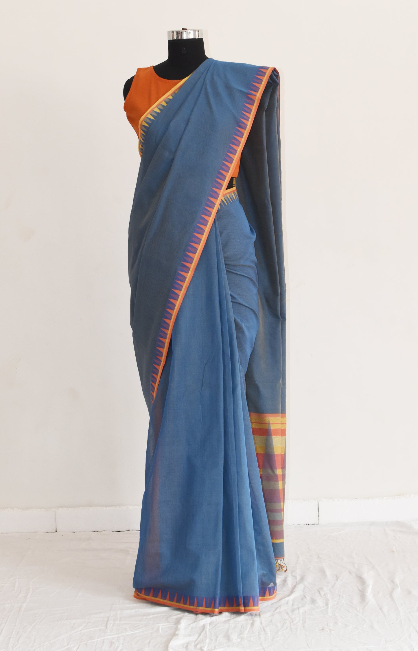 Blueish Grey - Temple Motif Organic Cotton Saree