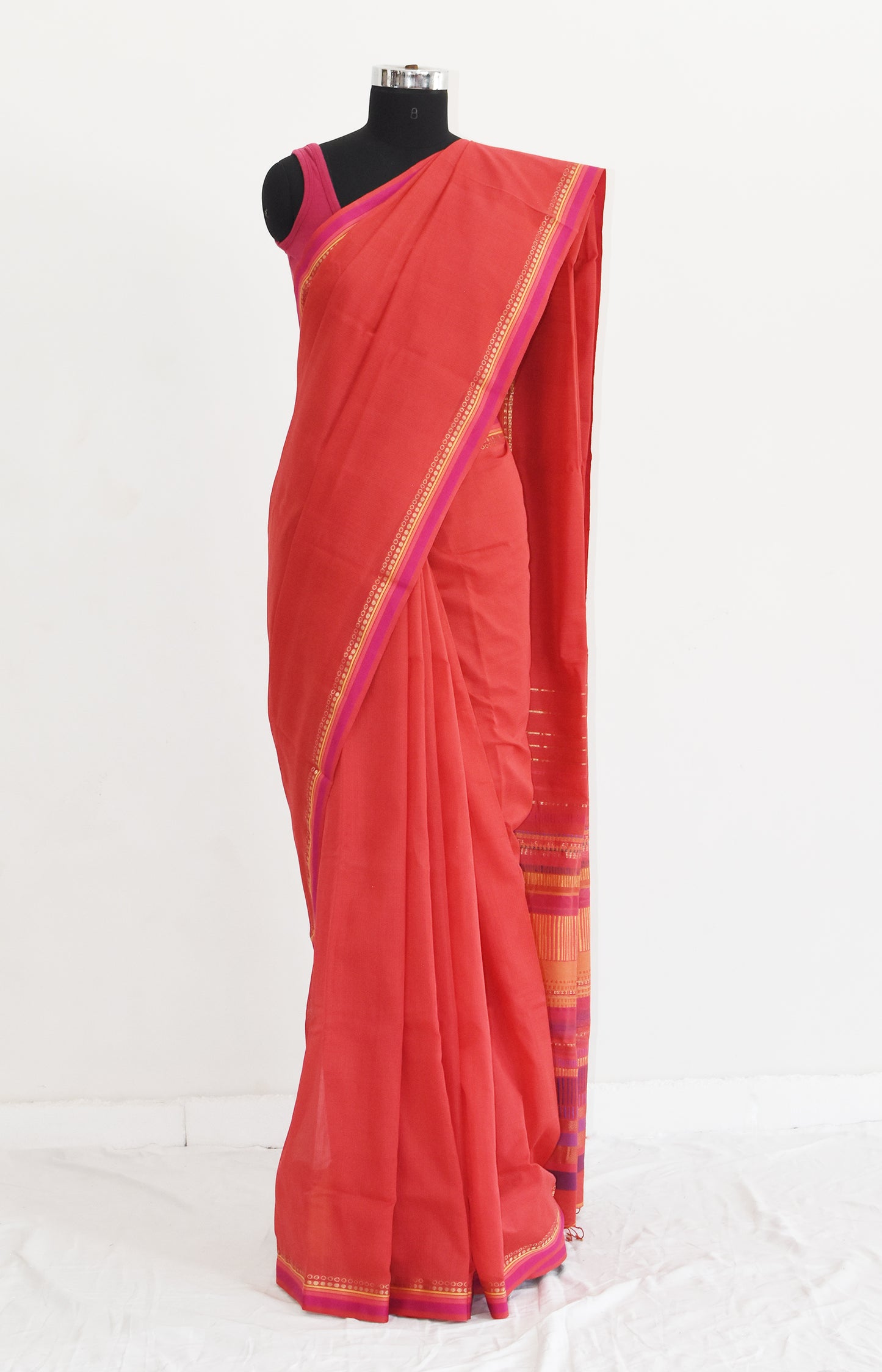 Red - Dots and Dashes Organic Cotton Saree