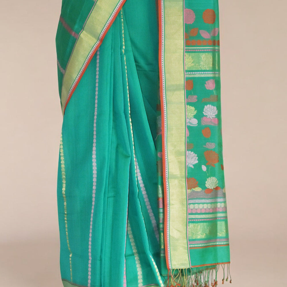 
                      
                        Sea Green - Water Lily Motif Organic Cotton Saree
                      
                    