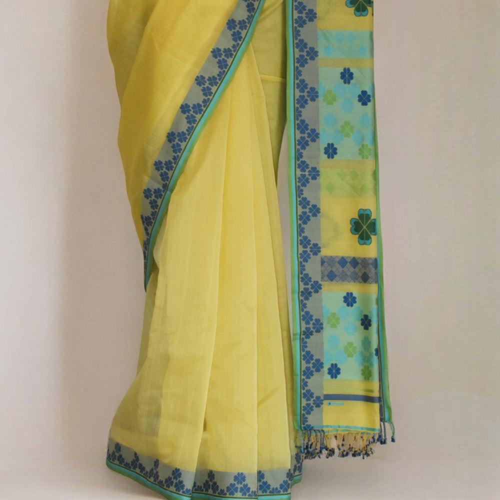 
                      
                        Lime Yellow - Clover Motif Organic Cotton Saree
                      
                    