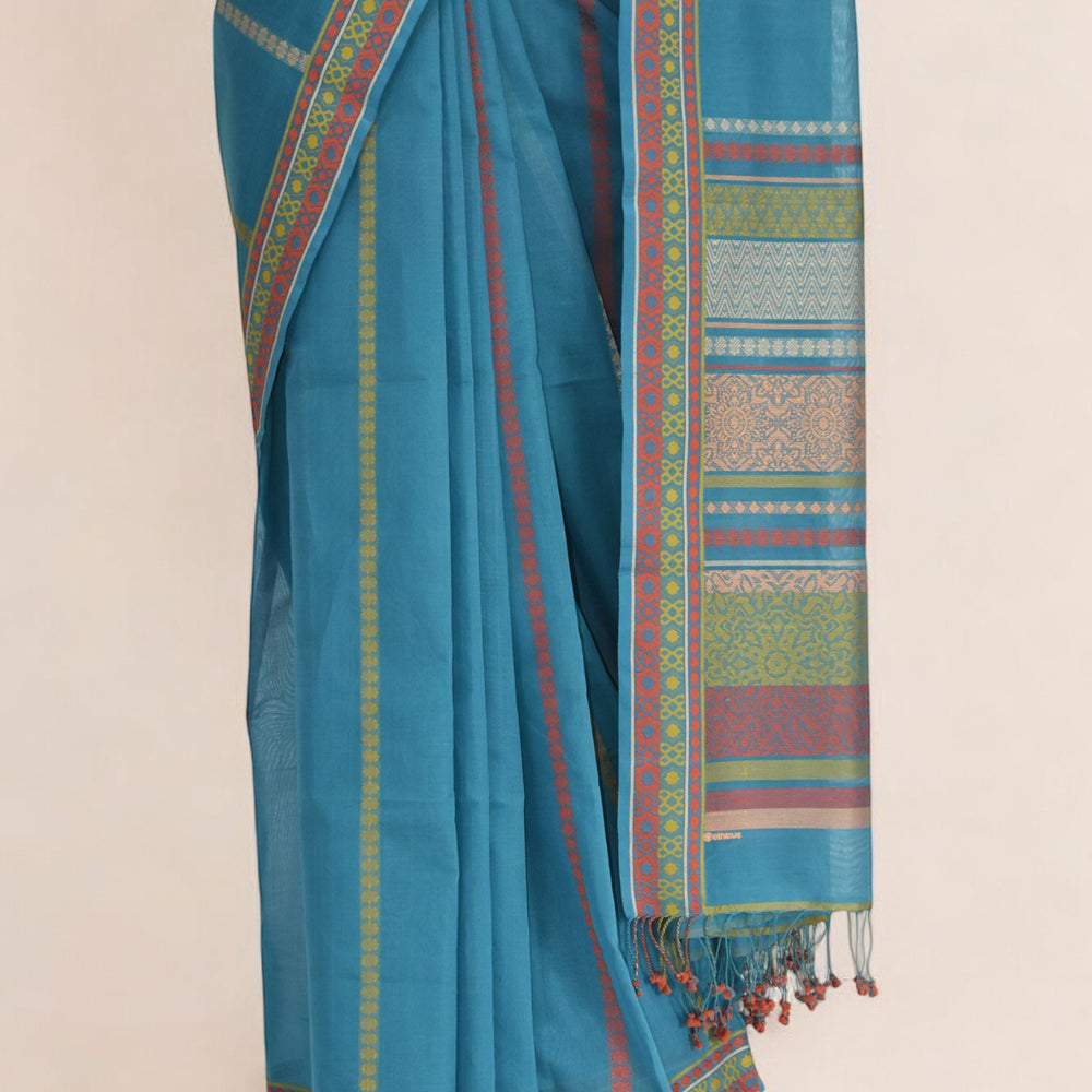 
                      
                        Blue - Floral & Geometric Organic Cotton Saree
                      
                    