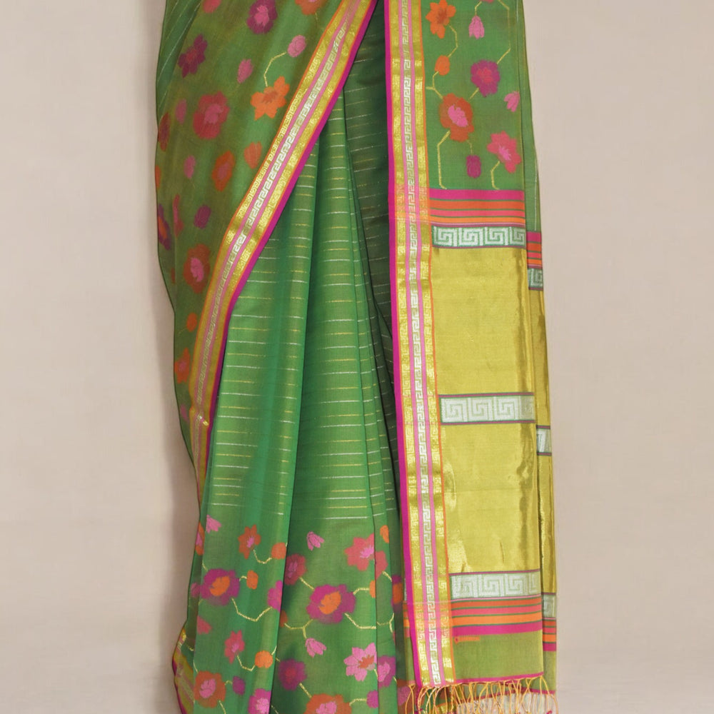 
                      
                        Green - Floral Embrace Organic Cotton Saree
                      
                    